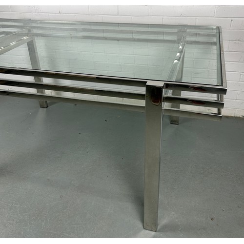 527 - AN ANDREW MARTIN CHROME AND GLASS DINING TABLE,

159cm x 89cm x 74cm