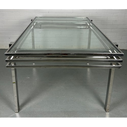 527 - AN ANDREW MARTIN CHROME AND GLASS DINING TABLE,

159cm x 89cm x 74cm