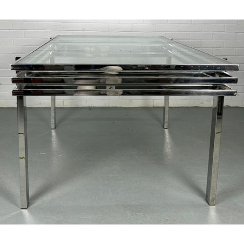 527 - AN ANDREW MARTIN CHROME AND GLASS DINING TABLE,

159cm x 89cm x 74cm