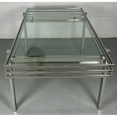 527 - AN ANDREW MARTIN CHROME AND GLASS DINING TABLE,

159cm x 89cm x 74cm