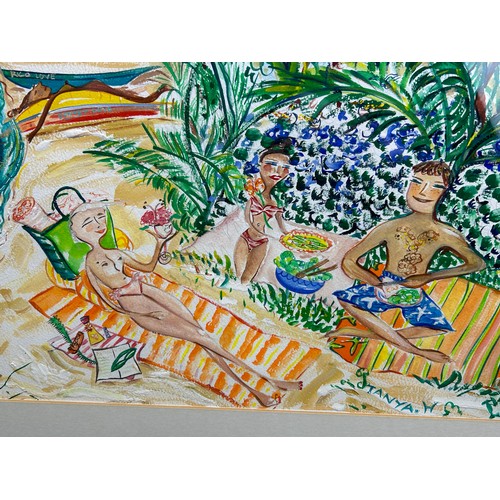 444 - A LARGE WATERCOLOUR PAINTING ON PAPER OF FIGURES ON THE BEACH. 

Signed ‘Tanya H’. 

71cm x 53cm. 

... 