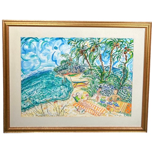 444 - A LARGE WATERCOLOUR PAINTING ON PAPER OF FIGURES ON THE BEACH. 

Signed ‘Tanya H’. 

71cm x 53cm. 

... 