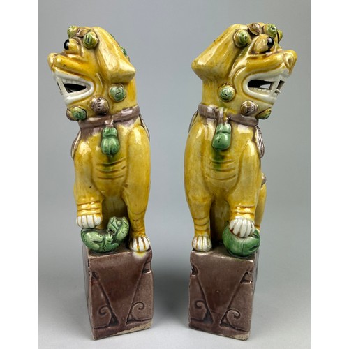 110A - A PAIR OF SANCAI GLAZED FOO DOGS, 

25cm x 9cm