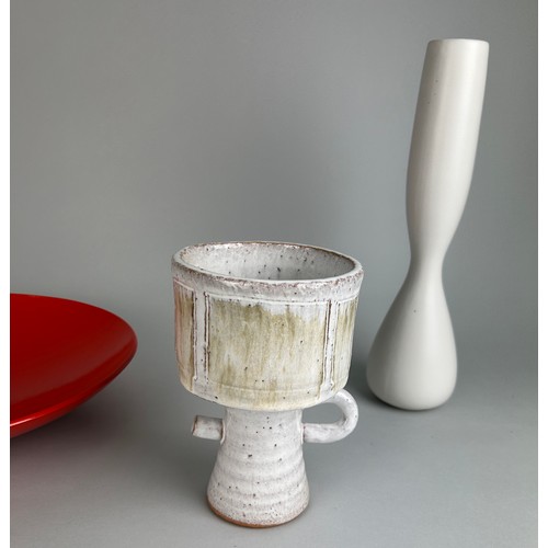 321B - THREE IKEBANA CERAMICS (3), 

To include one white glazed slim vase, one grey and brown glazed stem ... 