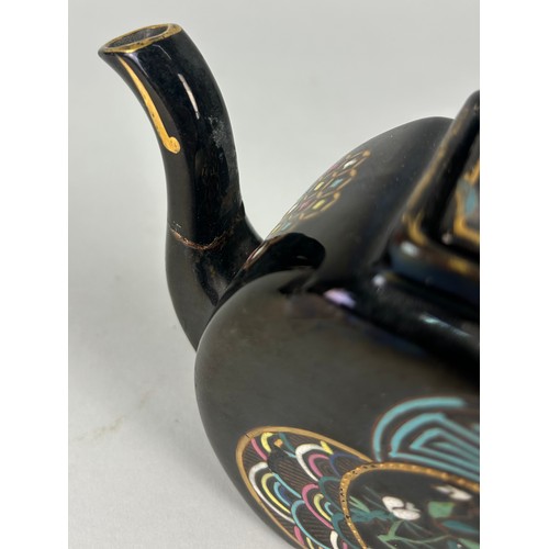 322 - A BLACK VICTORIAN TEA POT PAINTED IN THE CHINESE STYLE