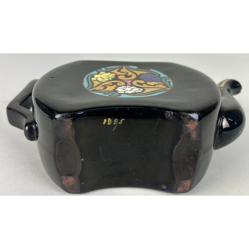 322 - A BLACK VICTORIAN TEA POT PAINTED IN THE CHINESE STYLE