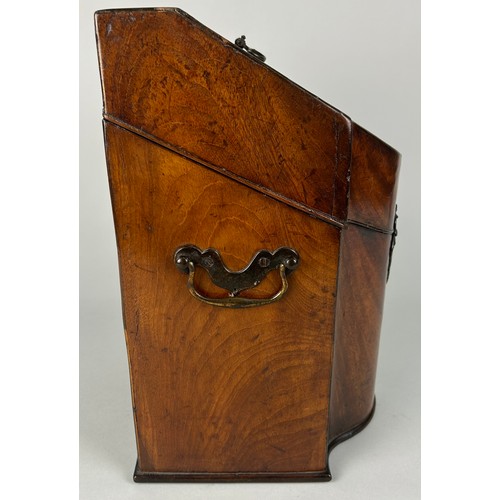 387 - A GEORGE III MAHOGANY KNIFE BOX, 

34cm x 22cm x 20cm 

The lid rising to reveal a fitted interior w... 