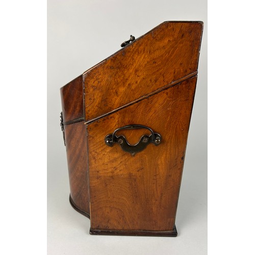 387 - A GEORGE III MAHOGANY KNIFE BOX, 

34cm x 22cm x 20cm 

The lid rising to reveal a fitted interior w... 