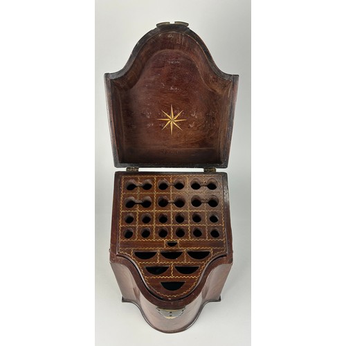 387 - A GEORGE III MAHOGANY KNIFE BOX, 

34cm x 22cm x 20cm 

The lid rising to reveal a fitted interior w... 