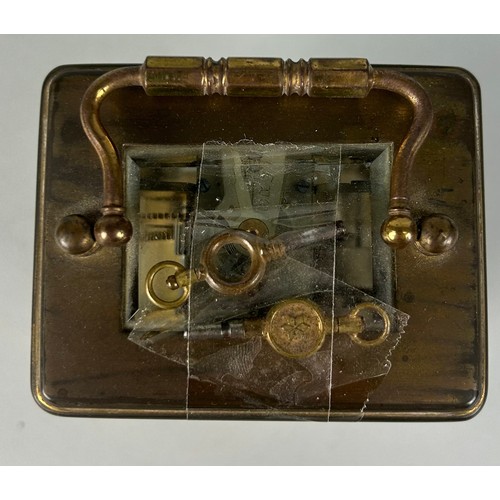 344 - A FRENCH BRASS CARRIAGE CLOCK,

10cm x 6cm 
One glass side missing.