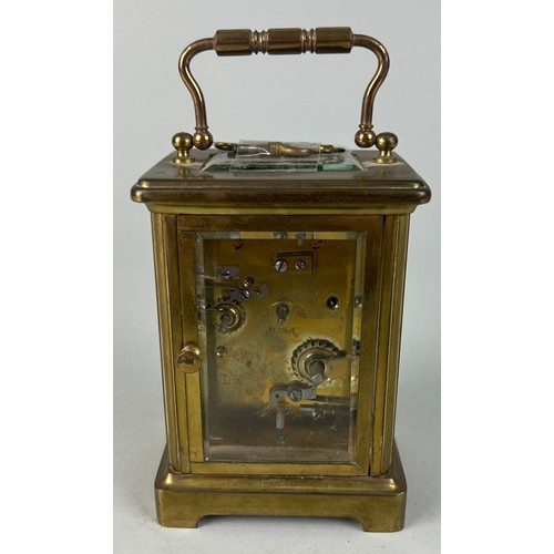 344 - A FRENCH BRASS CARRIAGE CLOCK,

10cm x 6cm 
One glass side missing.