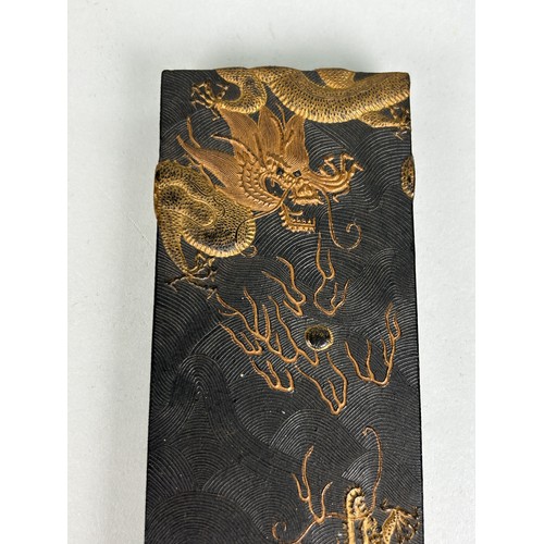 86 - A CHINESE SCHOLARS STONE DECORATED WITH A GOLDEN FIVE CLAWED DRAGON CHASING THE FLAMING PEARL, 

In ... 