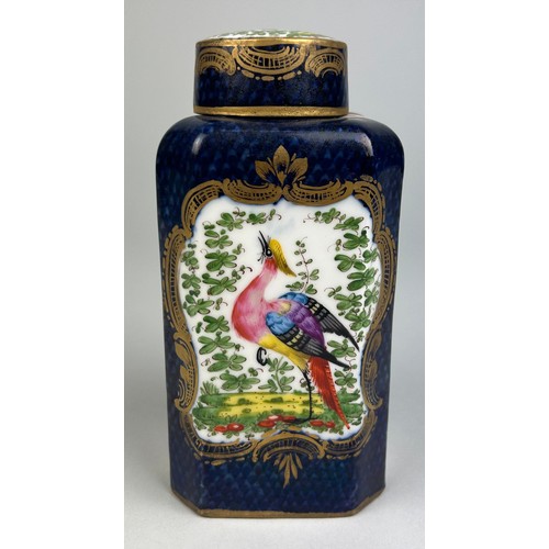 339 - A 19TH CENTURY SEVRES STYLE BLUE GROUND LIDDED JAR AND COVER OR TEA CANNISTER,

Gilt panels decorate... 