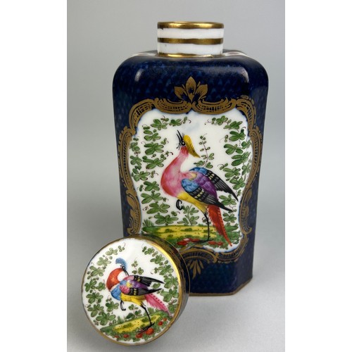 339 - A 19TH CENTURY SEVRES STYLE BLUE GROUND LIDDED JAR AND COVER OR TEA CANNISTER,

Gilt panels decorate... 