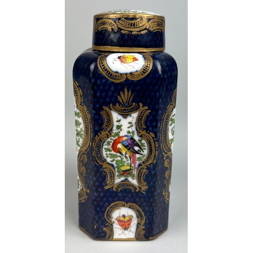 339 - A 19TH CENTURY SEVRES STYLE BLUE GROUND LIDDED JAR AND COVER OR TEA CANNISTER,

Gilt panels decorate... 