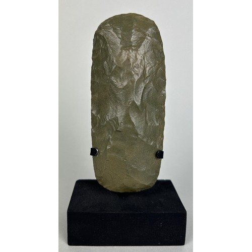 239 - A NEOLITHIC GREEN JASPER FLAKED ADZE FROM THE AIR MOUNTAINS, NIGER,

12cm x 5cm