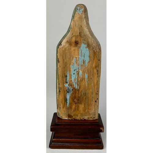 128 - A RELIGIOUS WOODEN CARVING OF THE VIRGIN MARY, 

16cm x 6cm

Mounted on a later wooden stand.