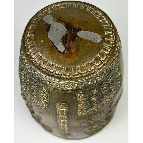 15 - A LARGE 19TH CENTURY CHINESE BRONZE BELL DECORATED WITH CHINESE CALLIGRAPHY AND  FIGURES PLAYING INS... 