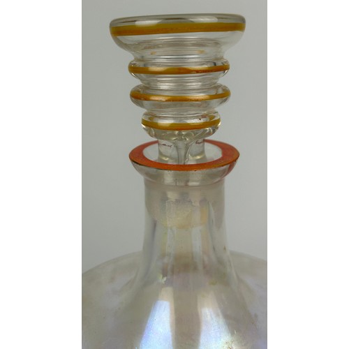 329 - AN ART DECO LUSTRE GLASS DECANTER AND STOPPER WITH ORANGE RIBBED DESIGN, 

25cm H