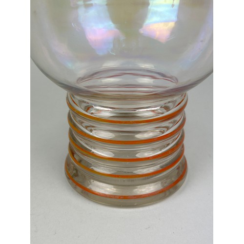 329 - AN ART DECO LUSTRE GLASS DECANTER AND STOPPER WITH ORANGE RIBBED DESIGN, 

25cm H