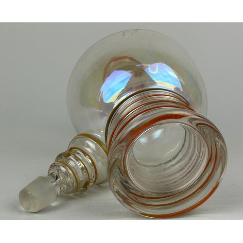 329 - AN ART DECO LUSTRE GLASS DECANTER AND STOPPER WITH ORANGE RIBBED DESIGN, 

25cm H