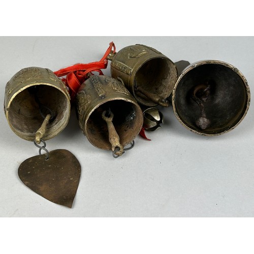 358 - THREE SOUTH EAST ASIAN BRASS OR BRONZE BELLS AND ANOTHER UNRELATED (4)