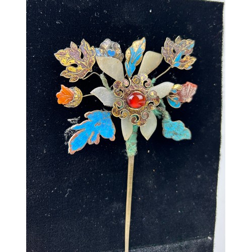 130 - TWO CHINESE FLORAL HAIRPINS POSSIBLY QING DYNASTY WITH REMNANTS OF KINGFISHER FEATHERS, HARDSTONES A... 