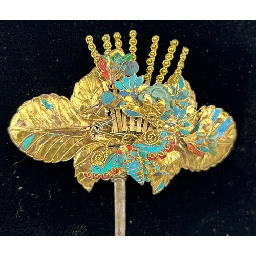 130 - TWO CHINESE FLORAL HAIRPINS POSSIBLY QING DYNASTY WITH REMNANTS OF KINGFISHER FEATHERS, HARDSTONES A... 