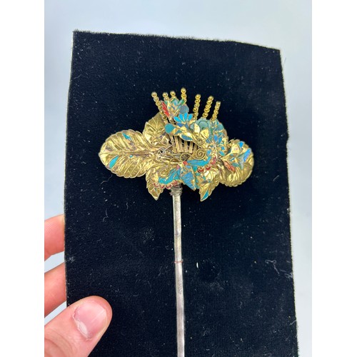 130 - TWO CHINESE FLORAL HAIRPINS POSSIBLY QING DYNASTY WITH REMNANTS OF KINGFISHER FEATHERS, HARDSTONES A... 