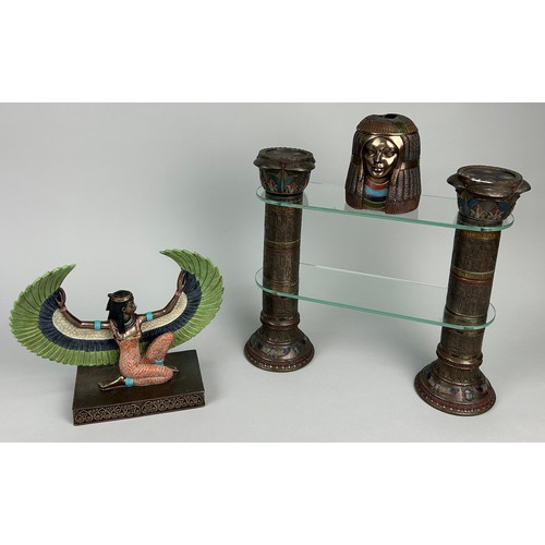 337 - AN EGYPTIAN REVIVAL METAL SCULPTURE ALONG WITH A GLASS AND METAL STAND AND INCENSE BURNER (3)