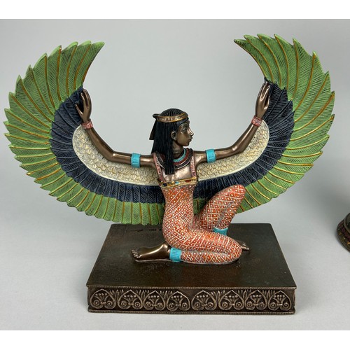 337 - AN EGYPTIAN REVIVAL METAL SCULPTURE ALONG WITH A GLASS AND METAL STAND AND INCENSE BURNER (3)