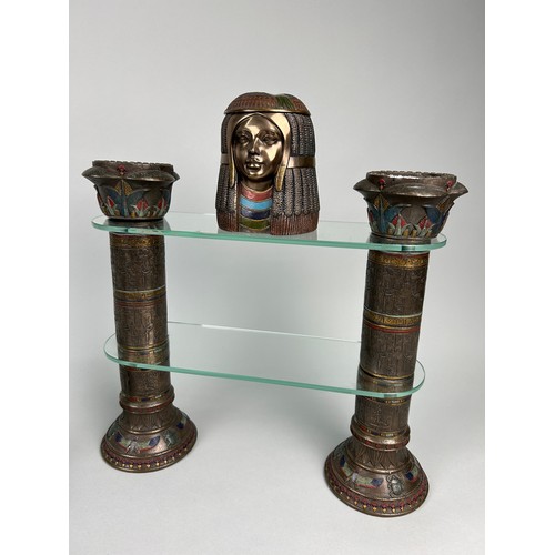 337 - AN EGYPTIAN REVIVAL METAL SCULPTURE ALONG WITH A GLASS AND METAL STAND AND INCENSE BURNER (3)