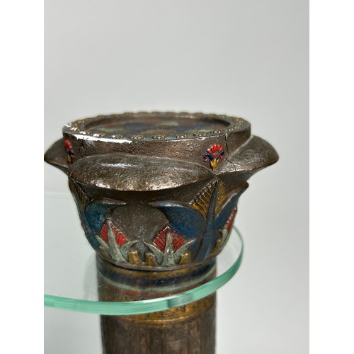 337 - AN EGYPTIAN REVIVAL METAL SCULPTURE ALONG WITH A GLASS AND METAL STAND AND INCENSE BURNER (3)