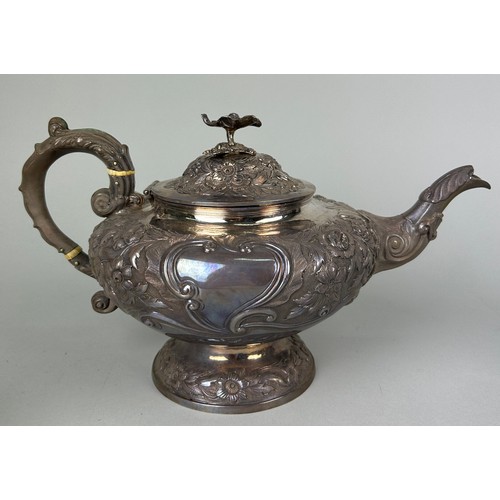 133 - A LARGE SILVER TEA SET MARKED OF IW POSSIBLY JOHN WALTON CIRCA 1830'S, 

Chased and repousse design ... 