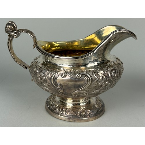 133 - A LARGE SILVER TEA SET MARKED OF IW POSSIBLY JOHN WALTON CIRCA 1830'S, 

Chased and repousse design ... 