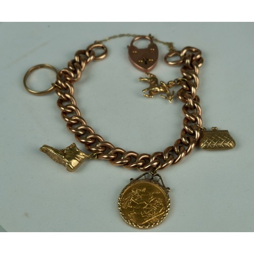 168 - A 1911 HALF SOVEREIGN ON A 9CT GOLD BRACELET WITH VARIOUS CHARMS

Weight: 37gms