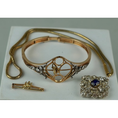 160 - A FINE 14CT GOLD BANGLE WITH CENTRAL CLAW SET SAPPHIRE SURROUNDED BY DIAMOND CLUSTERS,

Multi functi... 