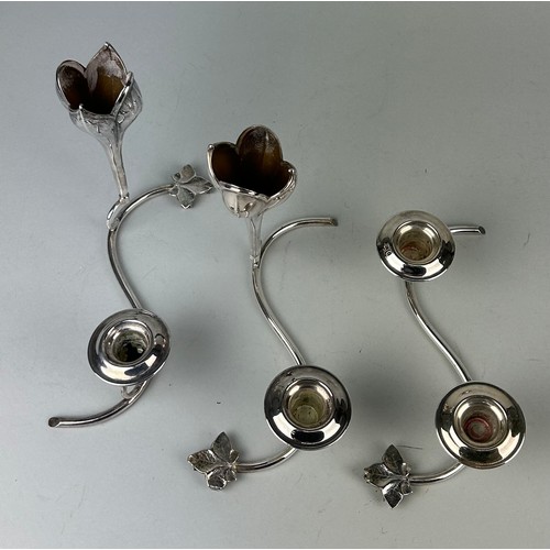 486 - ART NOUVEAU STYLE SILVER PLATED CANDLESTICKS (3) 

23cm x 17cm each light.