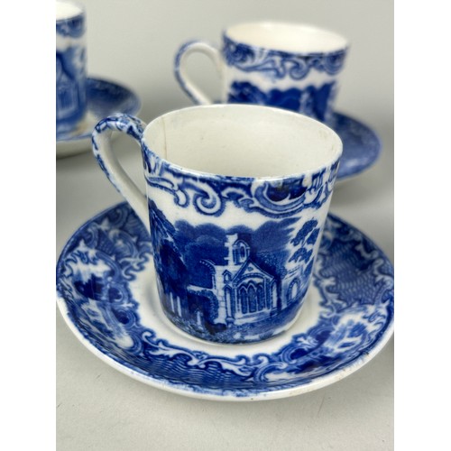 366 - A SET OF SIX BLUE AND WHITE COPELAND 'SPODES ITALIAN' COFFEE CUPS AND SIX SAUCERS ALONG WITH FIVE JA... 