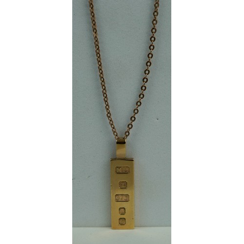 170 - A 9CT GOLD INGOT ON CHAIN,

Total weight 13gms