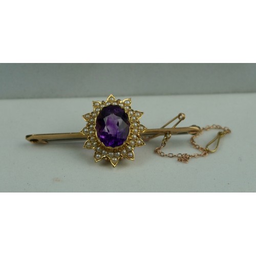 202 - GOLD PEARL & AMETHYST BROOCH 4.9gms