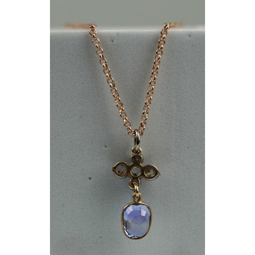 164 - A GEORGIAN SAPPHIRE WITH OLD DIAMONDS ON A 9CT GOLD CHAIN, 

Weight 5.1gms 
Chain length 240mm