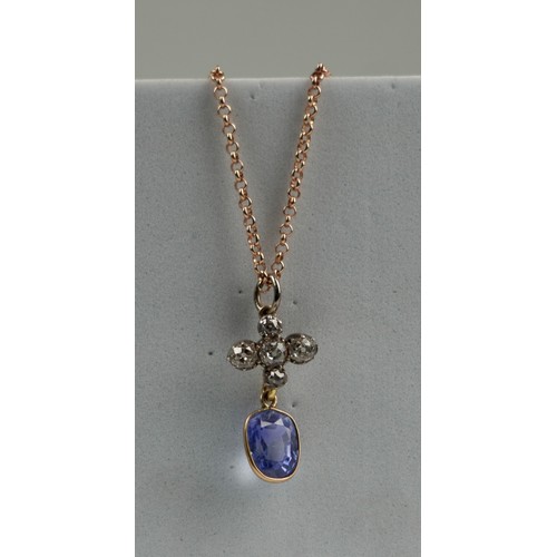 164 - A GEORGIAN SAPPHIRE WITH OLD DIAMONDS ON A 9CT GOLD CHAIN, 

Weight 5.1gms 
Chain length 240mm