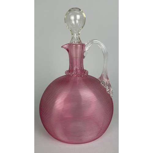 331 - A MID CENTURY MURANO PINK RIBBED DECANTER WITH STOPPER,

25cm H