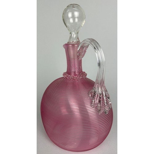 331 - A MID CENTURY MURANO PINK RIBBED DECANTER WITH STOPPER,

25cm H