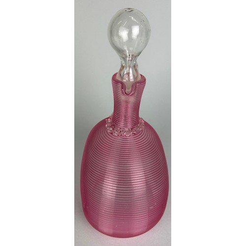 331 - A MID CENTURY MURANO PINK RIBBED DECANTER WITH STOPPER,

25cm H