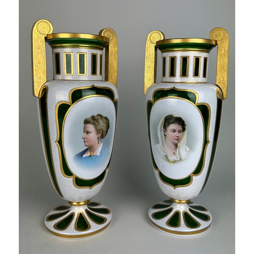 328 - A PAIR OF 19TH CENTURY BOHEMIAN GLASS PEDESTAL VASES EACH WITH CENTRAL PANEL OF PAINTED LADIES (2) 
... 