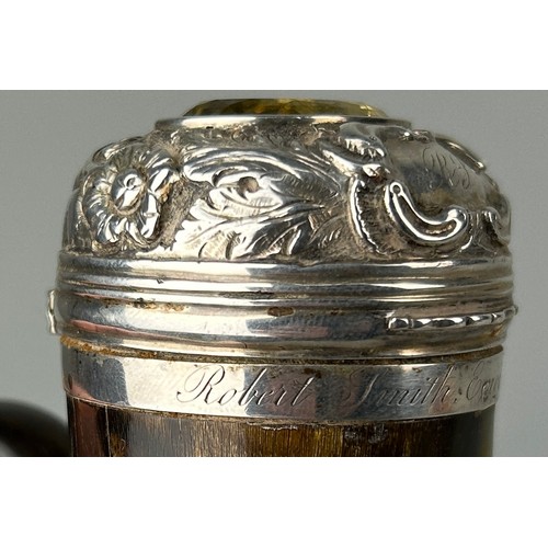 135 - A SCOTTISH SNUFF HORN OR MULL WITH SILVER TOP SET WITH A CITRINE ENGRAVED FOR 'ROBERT SMITH, ENGINEE... 