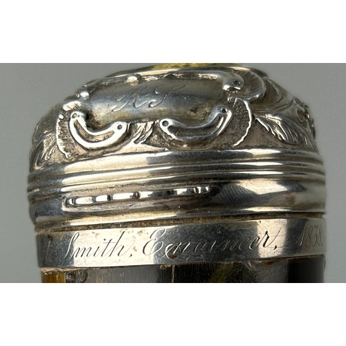 135 - A SCOTTISH SNUFF HORN OR MULL WITH SILVER TOP SET WITH A CITRINE ENGRAVED FOR 'ROBERT SMITH, ENGINEE... 