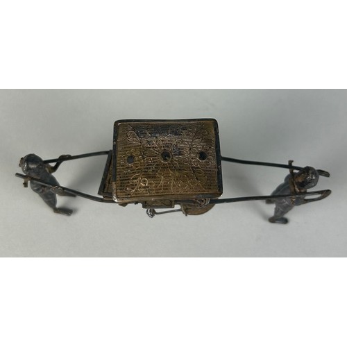 157 - A SMALL CHINESE SILVER CARRIAGE AND CARRIERS, 

Weight: 27gms